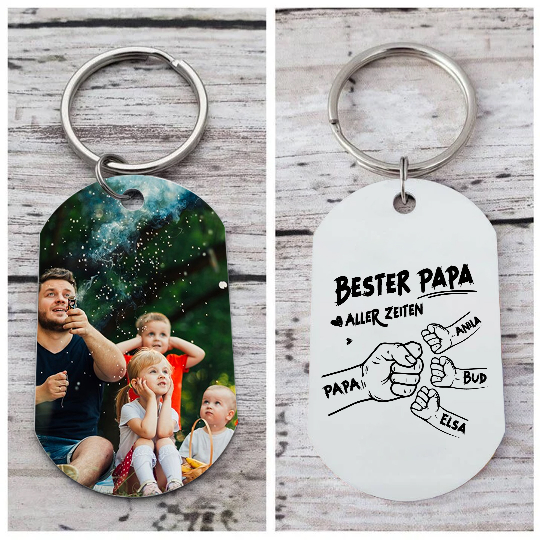Personalisierbarer Foto & 2-7 Namen Schlüsselanhänger mit Faust-Best Papa aller Zeiten!