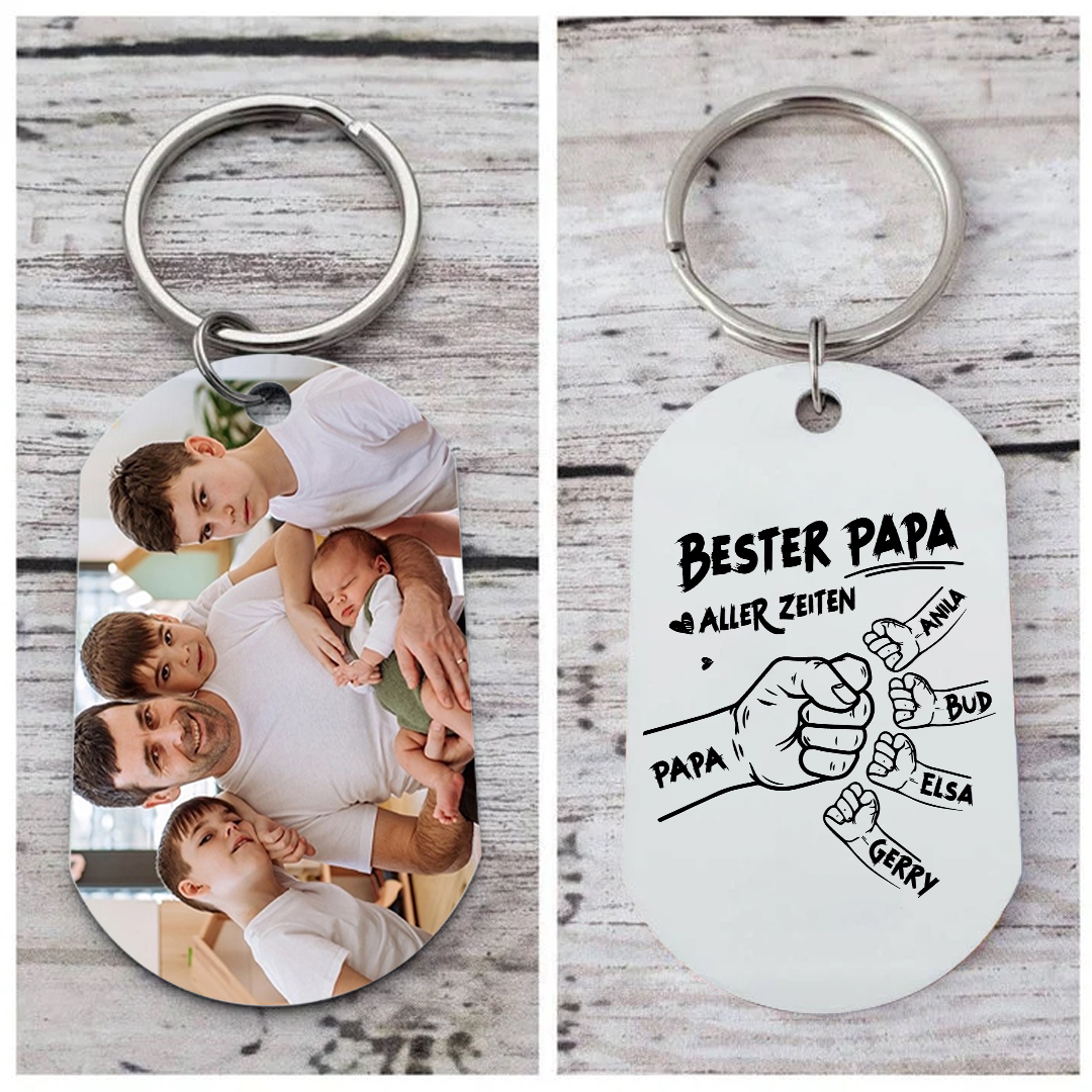 Personalisierbarer Foto & 2-7 Namen Schlüsselanhänger mit Faust-Best Papa aller Zeiten!