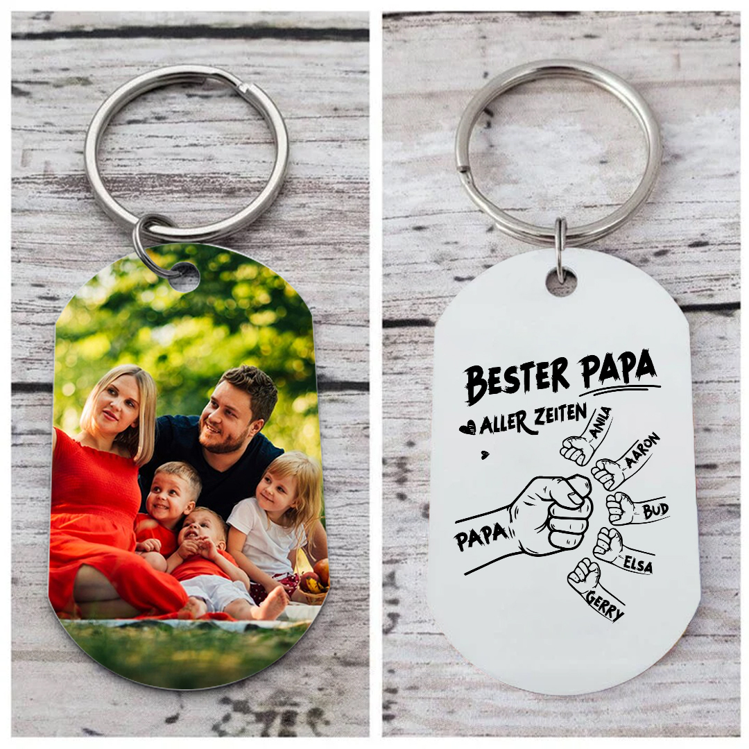 Personalisierbarer Foto & 2-7 Namen Schlüsselanhänger mit Faust-Best Papa aller Zeiten!