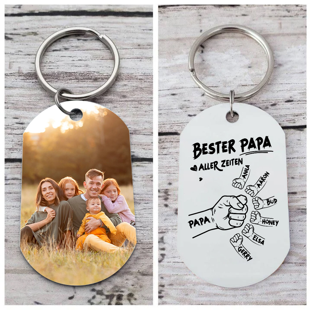 Personalisierbarer Foto & 2-7 Namen Schlüsselanhänger mit Faust-Best Papa aller Zeiten!