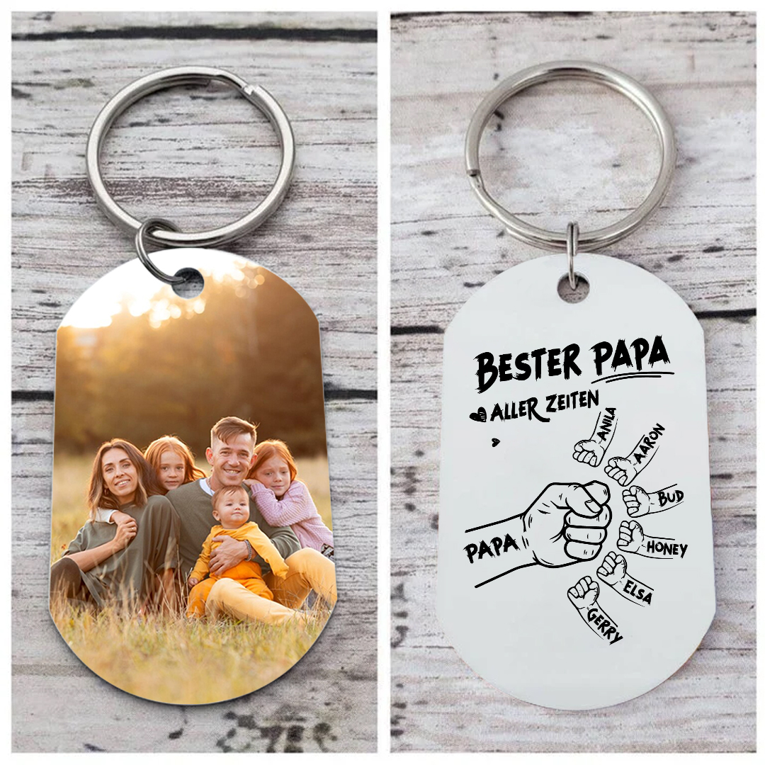 Personalisierbarer Foto & 2-7 Namen Schlüsselanhänger mit Faust-Best Papa aller Zeiten!