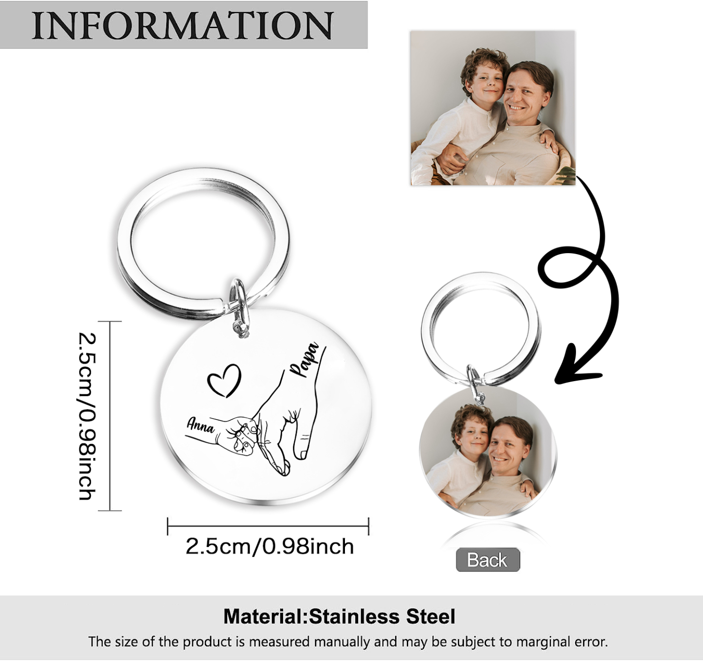 Personalisierbares Foto & 1-5 Namen Rund Metall-Hand in Hand-Schlüsselanhänger für PAPA