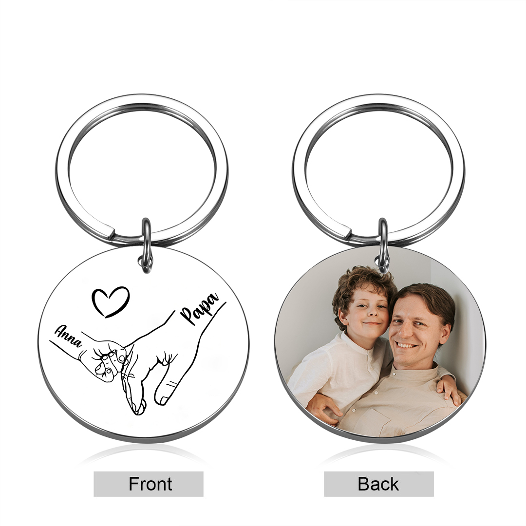 Personalisierbares Foto & 1-5 Namen Rund Metall-Hand in Hand-Schlüsselanhänger für PAPA