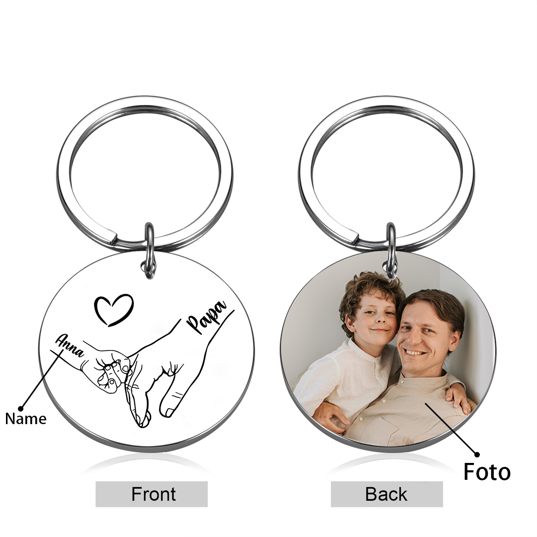 Personalisierbares Foto & 1-5 Namen Rund Metall-Hand in Hand-Schlüsselanhänger für PAPA