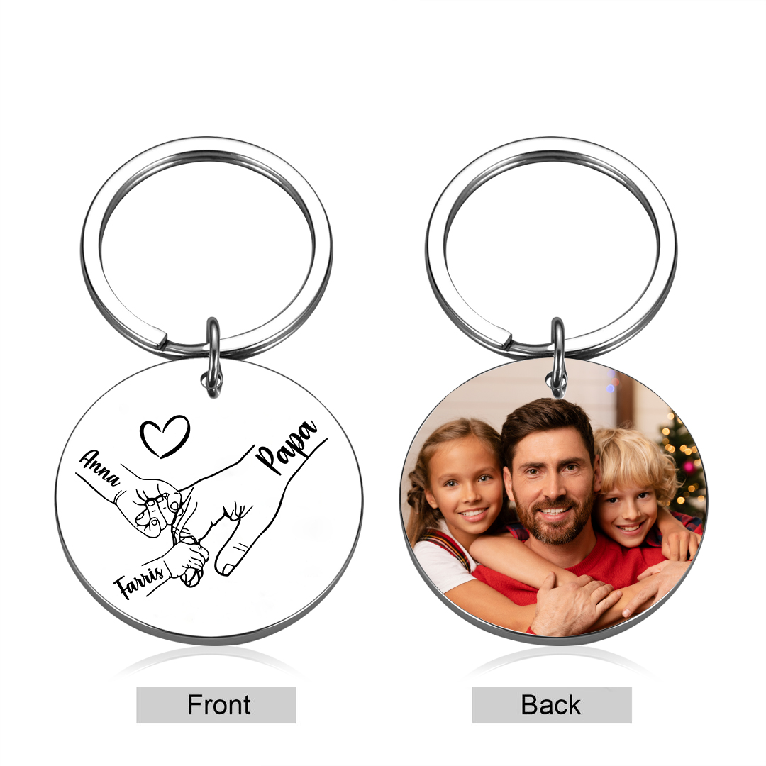 Personalisierbares Foto & 1-5 Namen Rund Metall-Hand in Hand-Schlüsselanhänger für PAPA