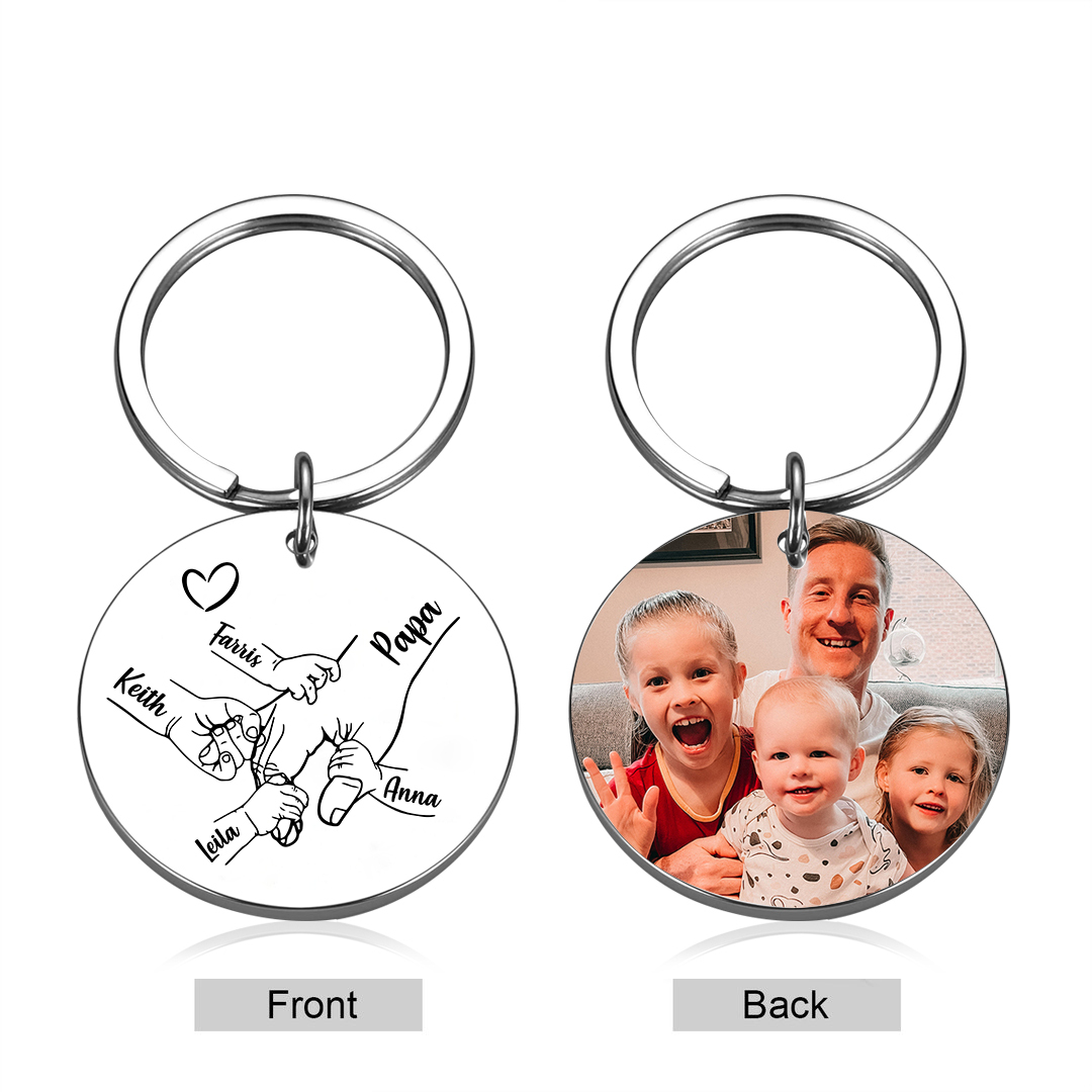 Personalisierbares Foto & 1-5 Namen Rund Metall-Hand in Hand-Schlüsselanhänger für PAPA
