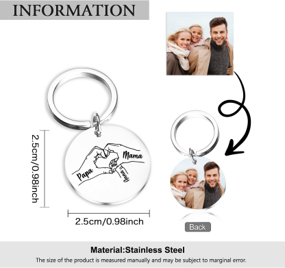 Personalisierbares Foto & 1-5 Namen Rund Metall-Hand in Hand-Schlüsselanhänger für PAPA und MAMA