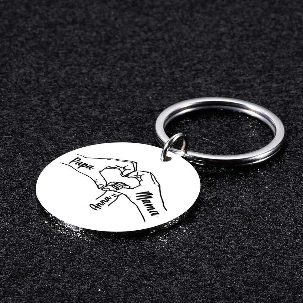 Personalisierbares Foto & 1-5 Namen Rund Metall-Hand in Hand-Schlüsselanhänger für PAPA und MAMA