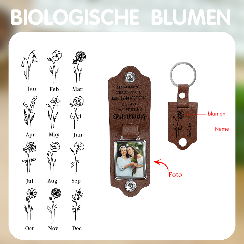Personalisierter Foto & Name & Geburtsblume Leder Schlüsselanhänger-MANCHMAL VERGISST DU,  WIE FANTASTISCH  DU BIST-Schlüsselanhänger aus Leder für Mama