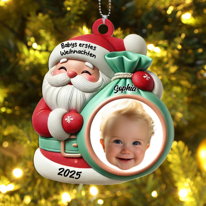 Personalisiertes Weihnachtsmann-Ornament mit Name, Jahr und Foto – Geschenk zu Babys erstem Weihnachten