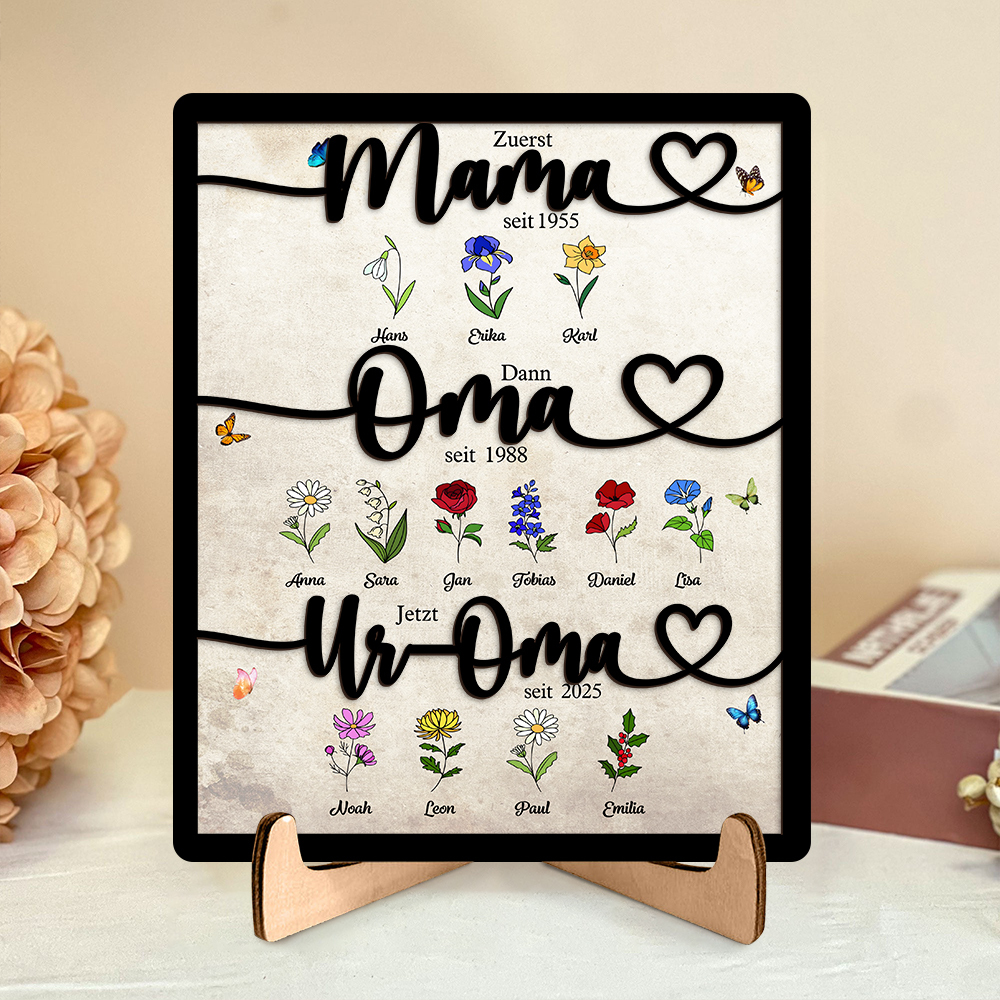 Personalisierte Familien-Holzschild „Erst Mama, dann Oma, jetzt Uroma“ – individuell mit 3–18 Namen und Geburtsblumen, Holztafel Wohndekoration zum Muttertag, Geburtstag oder als Weihnachtsgeschenk f