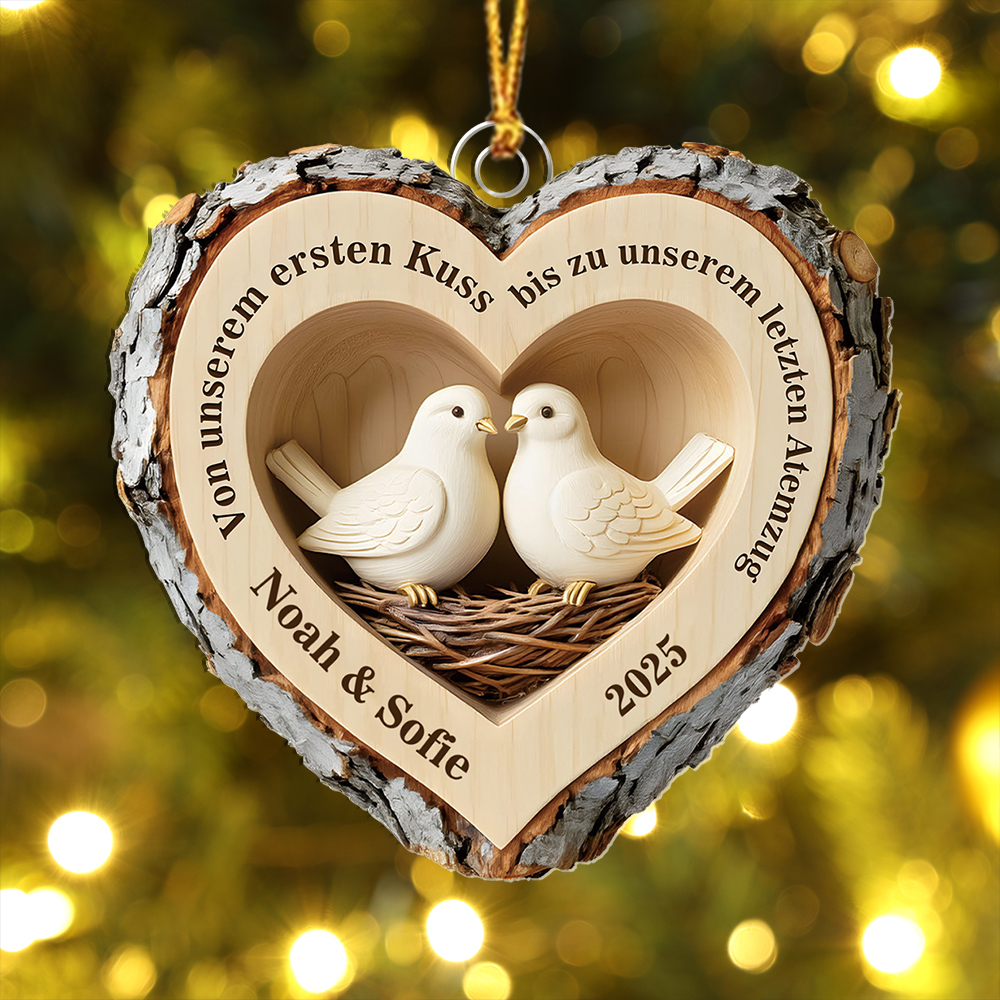 Personalisiert Rustikales Holz-Herz Weihnachtsanhänge mit Tauben und Vogelnester——“Von ersten Kuss bis latzten Atemzug”