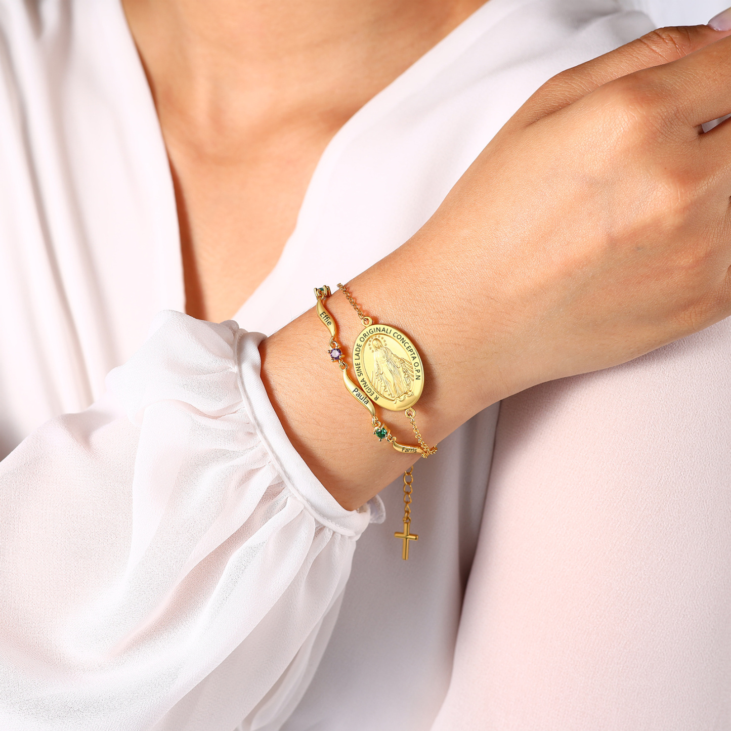 Maria-Kreuzarmband mit Namen & Geburtsstein