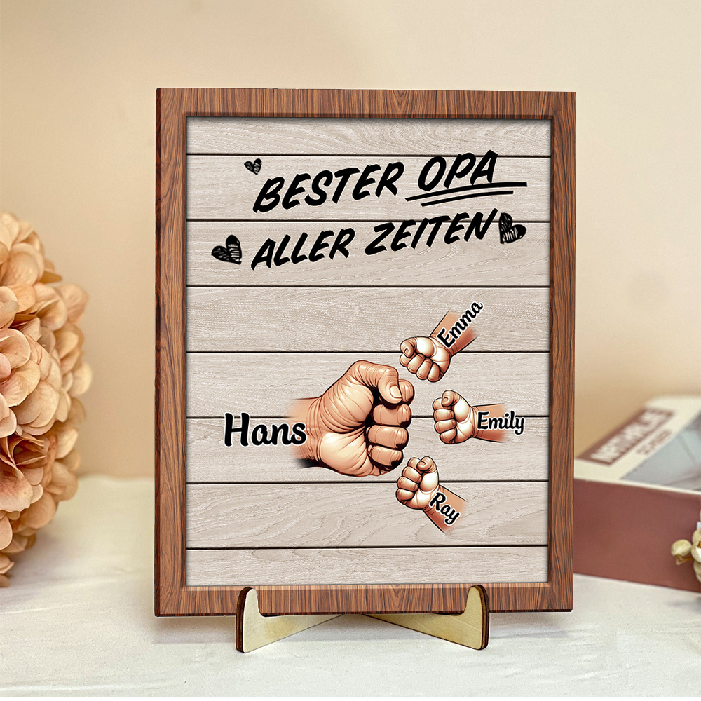 Personalisierte Faustgruß-Plakette – Individuelles Holzschild mit 2-9 Namen, einzigartiges Geschenk für Opa