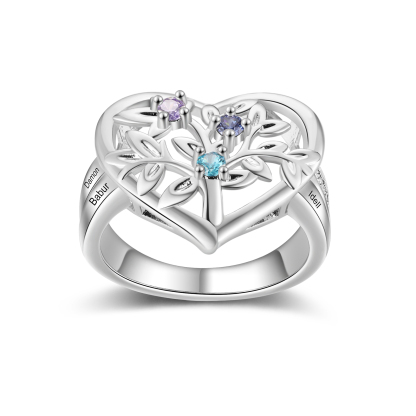Personalisierter Herz-Lebensbaum Ring mit Geburtsstein und 1-6 Namen für Mama & Familie