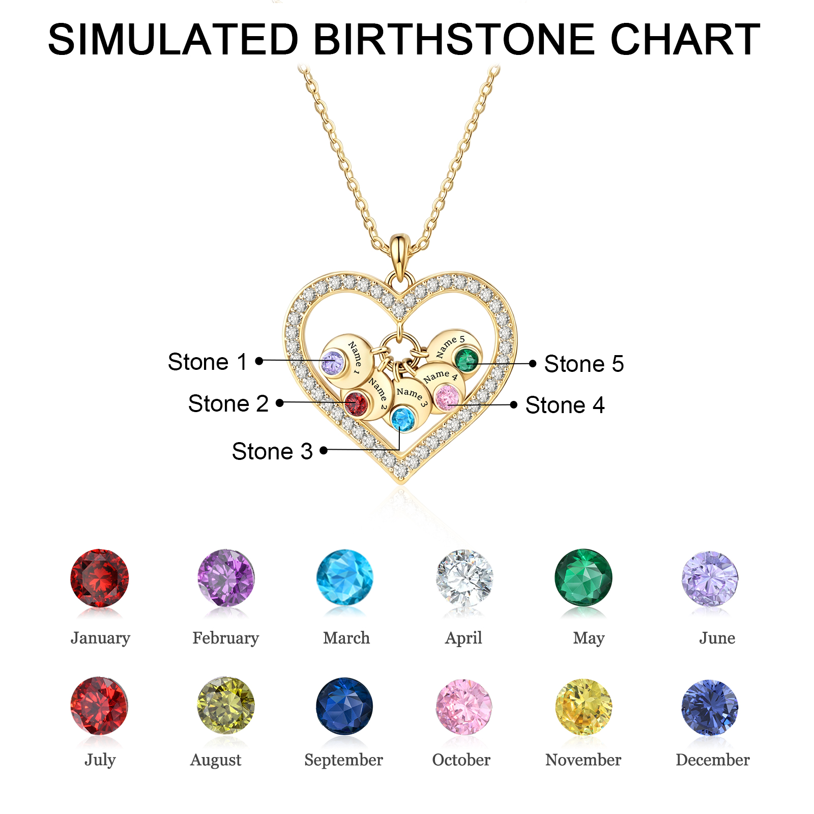 Personalisierte Halskette mit Herzanhänger 1 bis 5 Namen und Geburtssteinen Geschenk für Damen