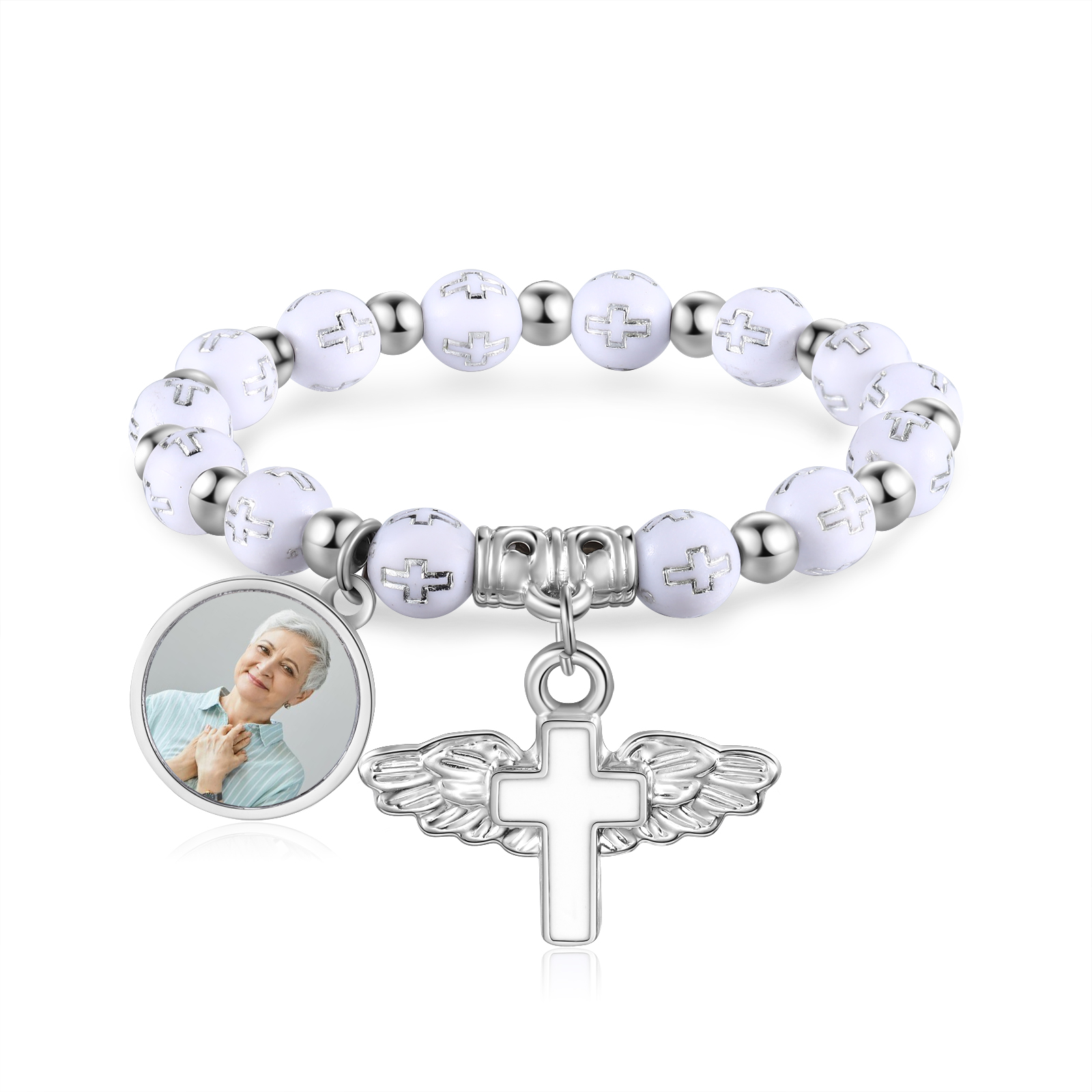 Personalisierbares Foto-Rosenkranzarmband mit Engelsflügel-Kreuz, Glaubensgeschenk zur Taufe, Konfirmation oder als Gedenkgeschenk für Mama, Oma oder Freund/Freundin | Kettenmachen