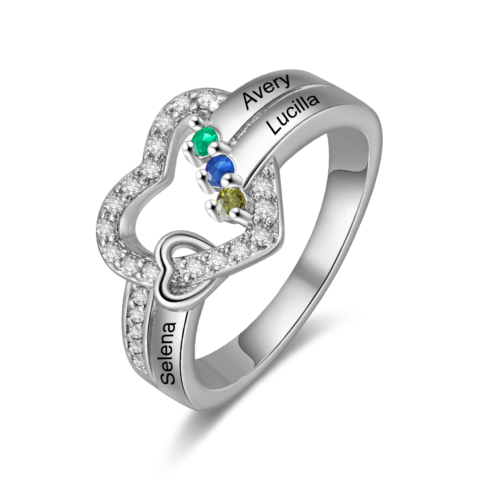 Personaliesierter Doppelherz-Ring mit 2-4 Geburtssteinen & 2-4 Namensgravur