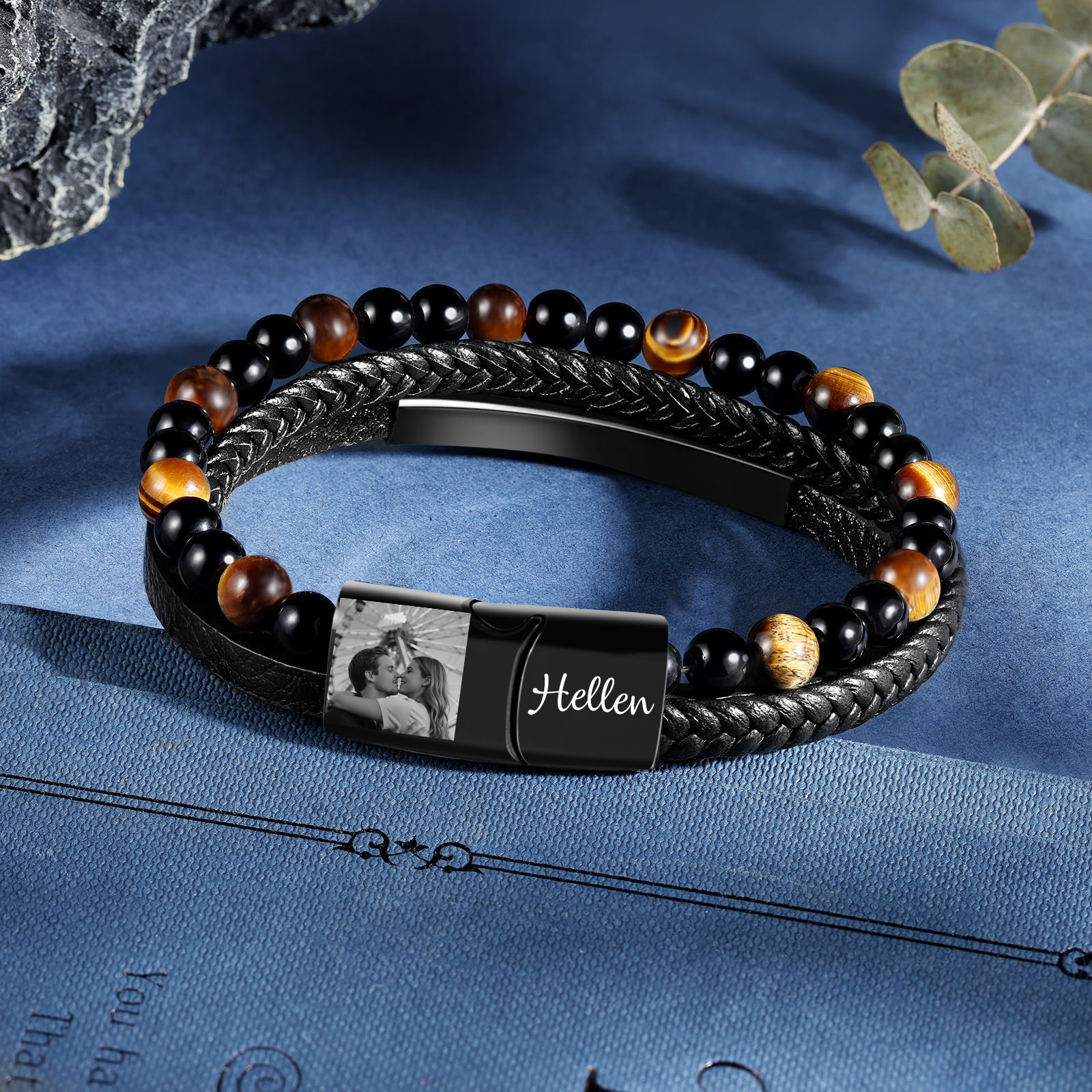 Personalisiertes Herren-Lederarmband, geflochten, mit Foto & Gravur, Onyx- & Tigerauge-Perlen, Magnetverschluss, romantisches Geschenk für Freund