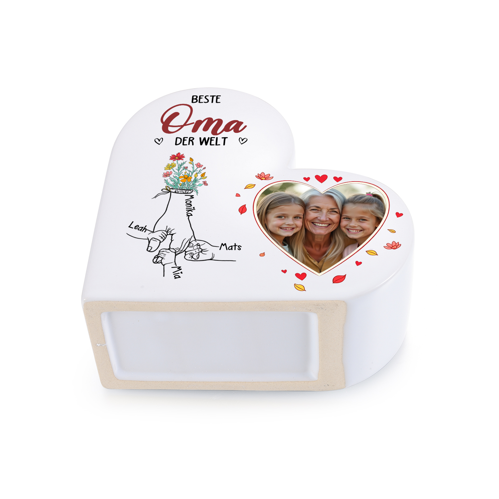 Personalisierte Keramikvase in Herzform mit 1 bis 6 Namen und Foto Geschenk für Mama oder Oma