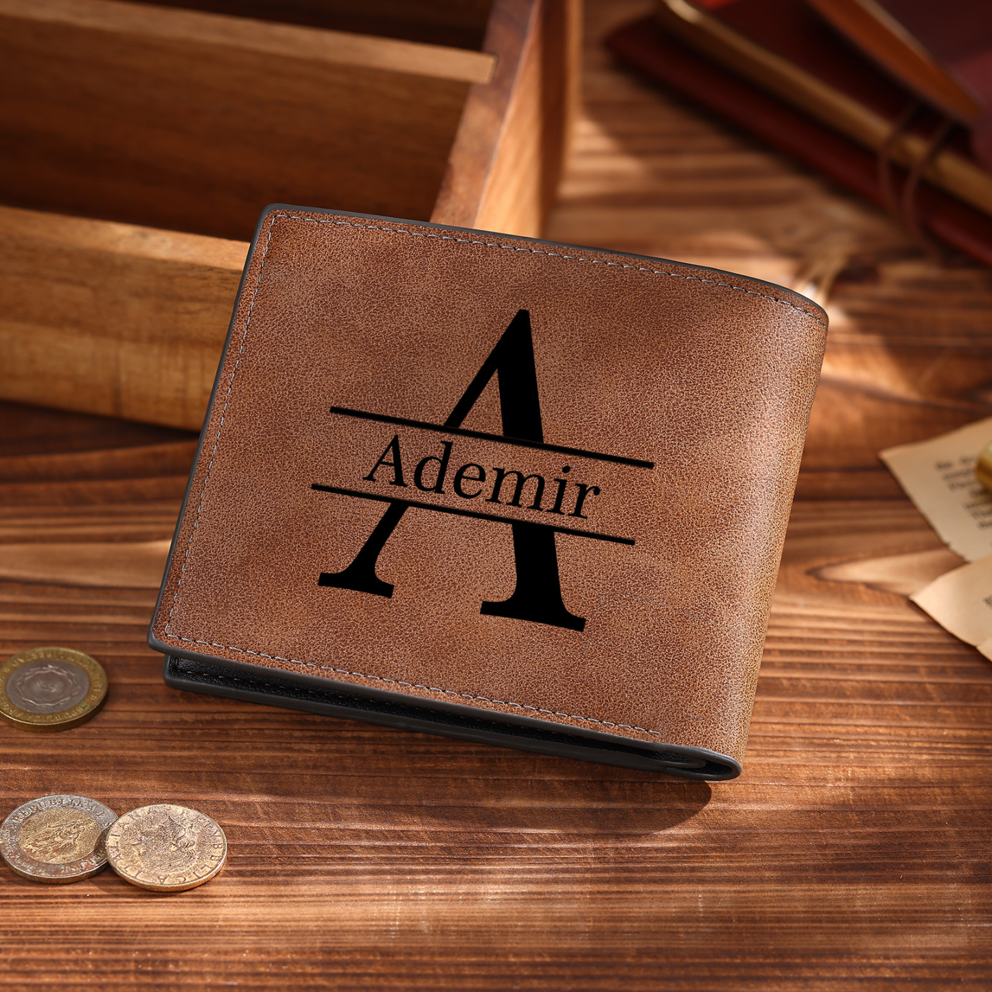 Personalisierte Herren-Geldbörse aus Leder im Bifold-Design mit graviertem Foto, Buchstaben und Namen