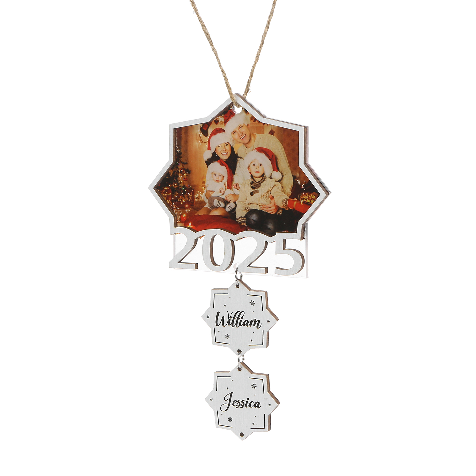 Personalisiertes Weihnachtsornament mit Foto Jahr und 1-4 Namen Holz Acryl bleibende Erinnerung Geschenk zu Weihnachten für Familie oder Freunde |  Kettenmachen