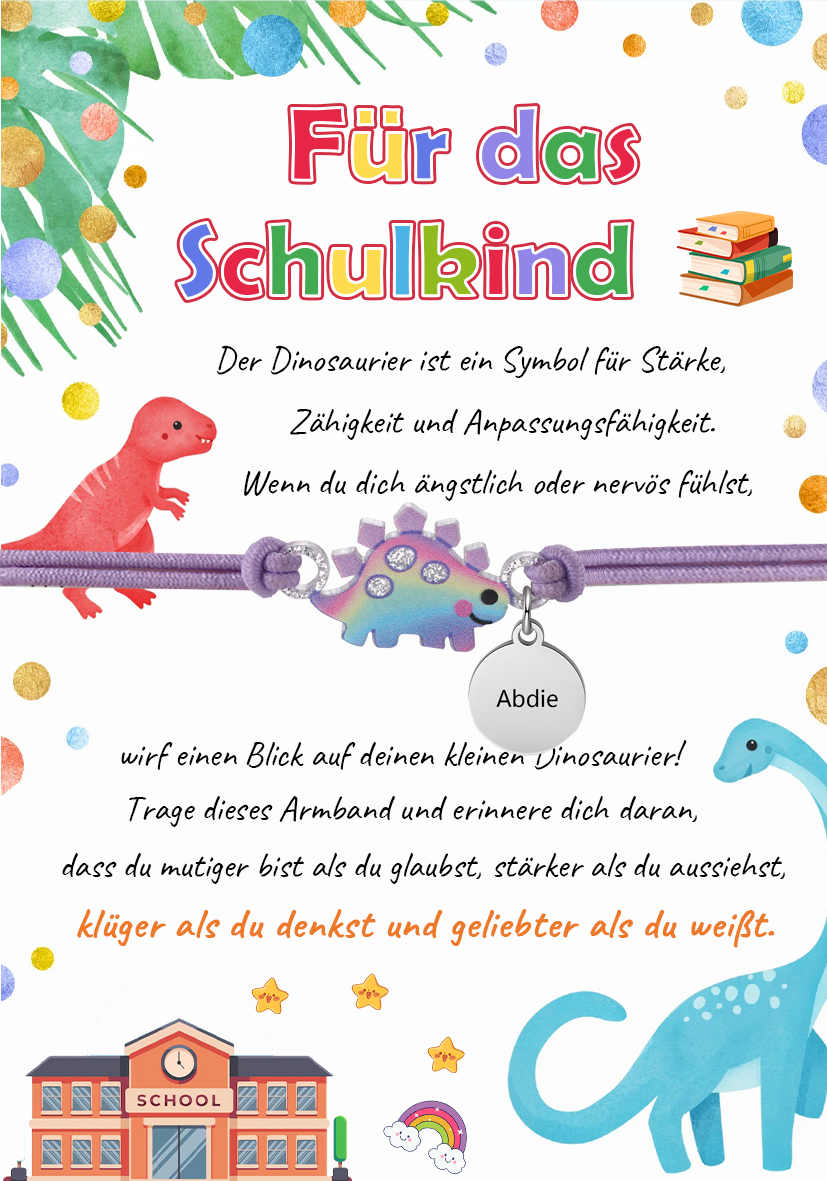 Personalisierter Name Dinos Gummiband Armband- Für das Schulkind-Schulanfang Geschenk mit Nachrichtenkarte