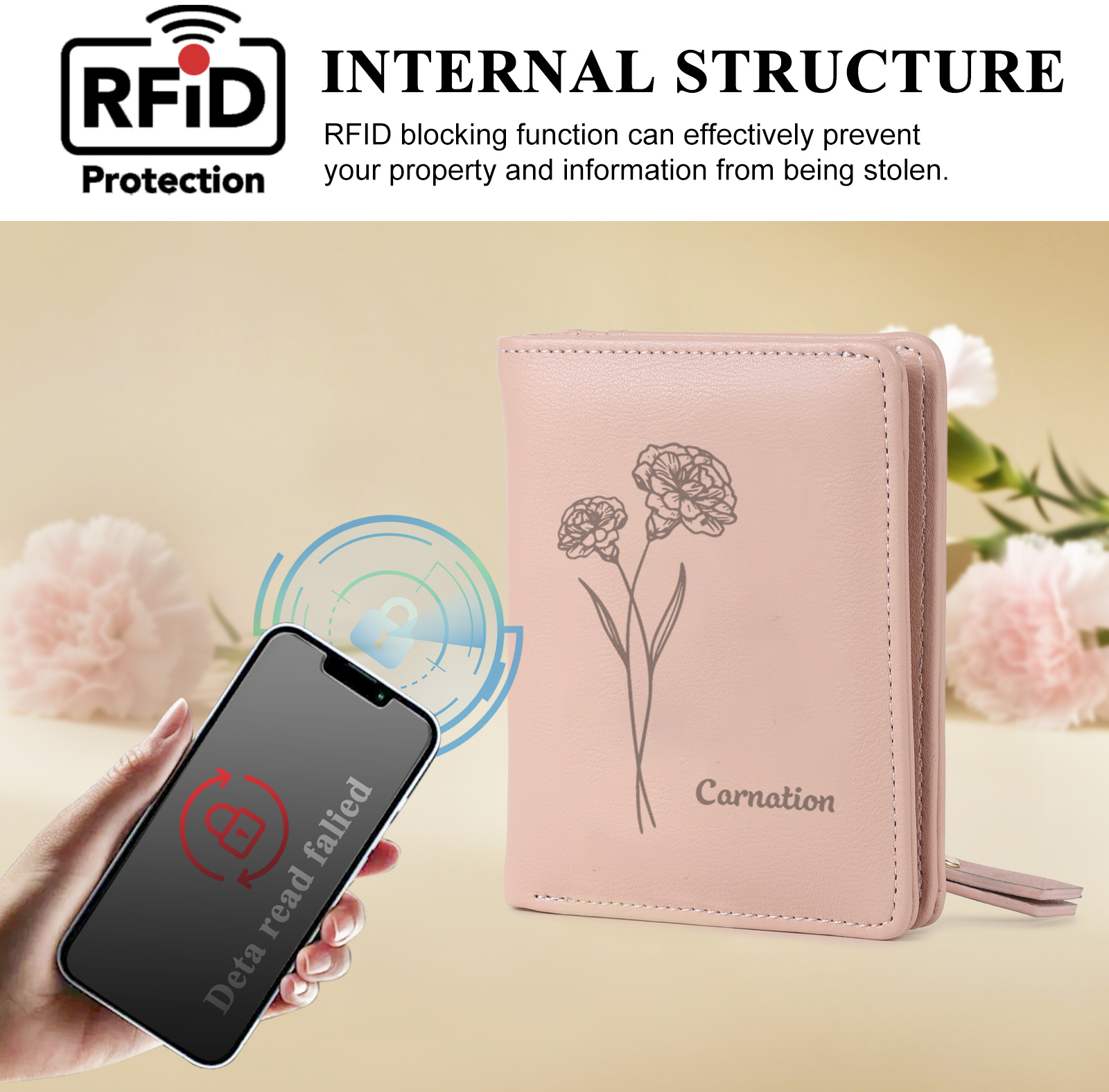 RFID Rosa PU-Leder Blumen-name Damenbörse: Geburtsblumen-Gravurt