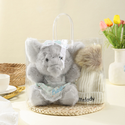 Personalisiertes Set aus Plüsch-Elefant und Bommelmütze mit Namensstickerei– Geschenk für Babys und Kinder
