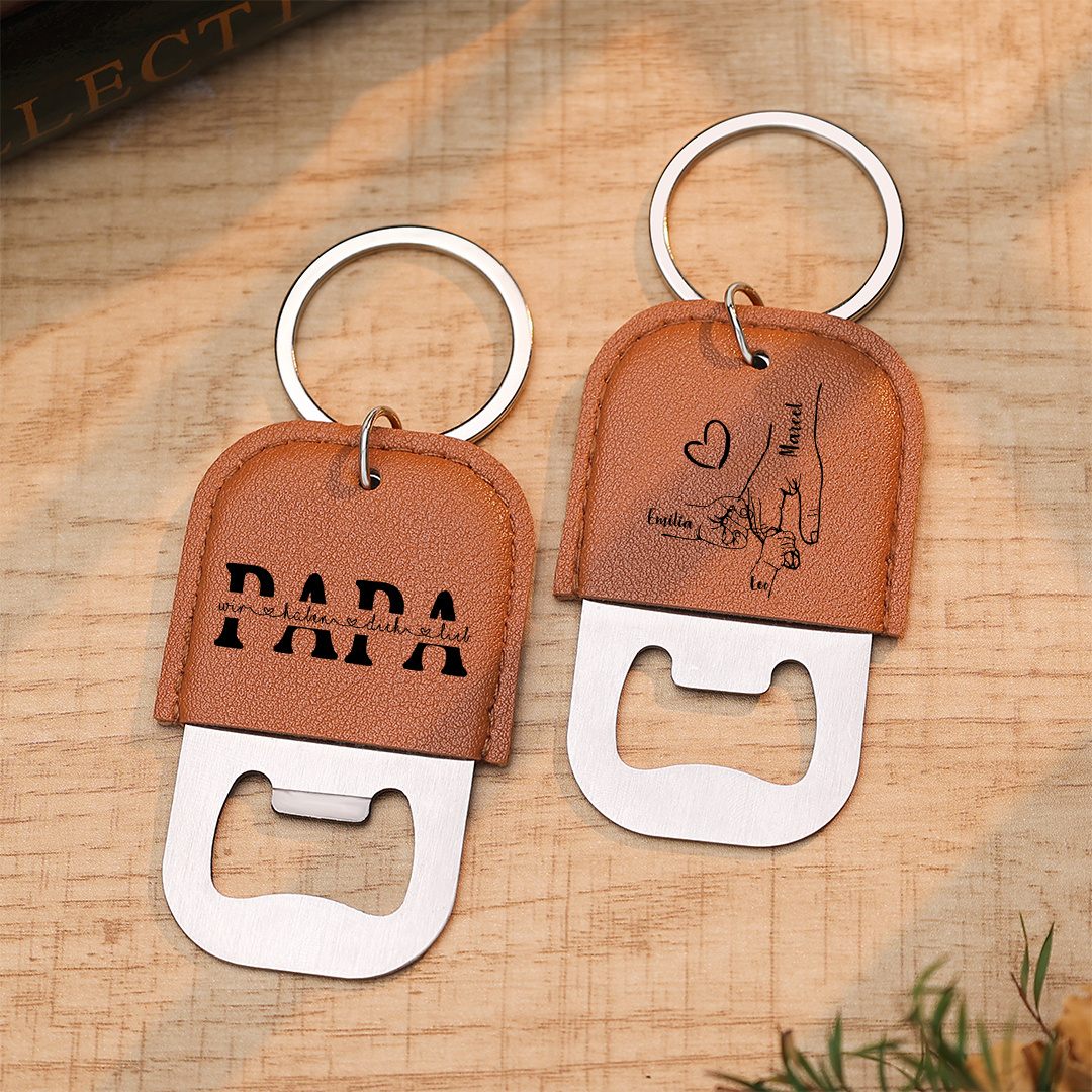 Personalisierter Schlüsselanhänger für Papa mit Flaschenöffner 2 bis 6 Namen und Hand-in-Hand-Motiv