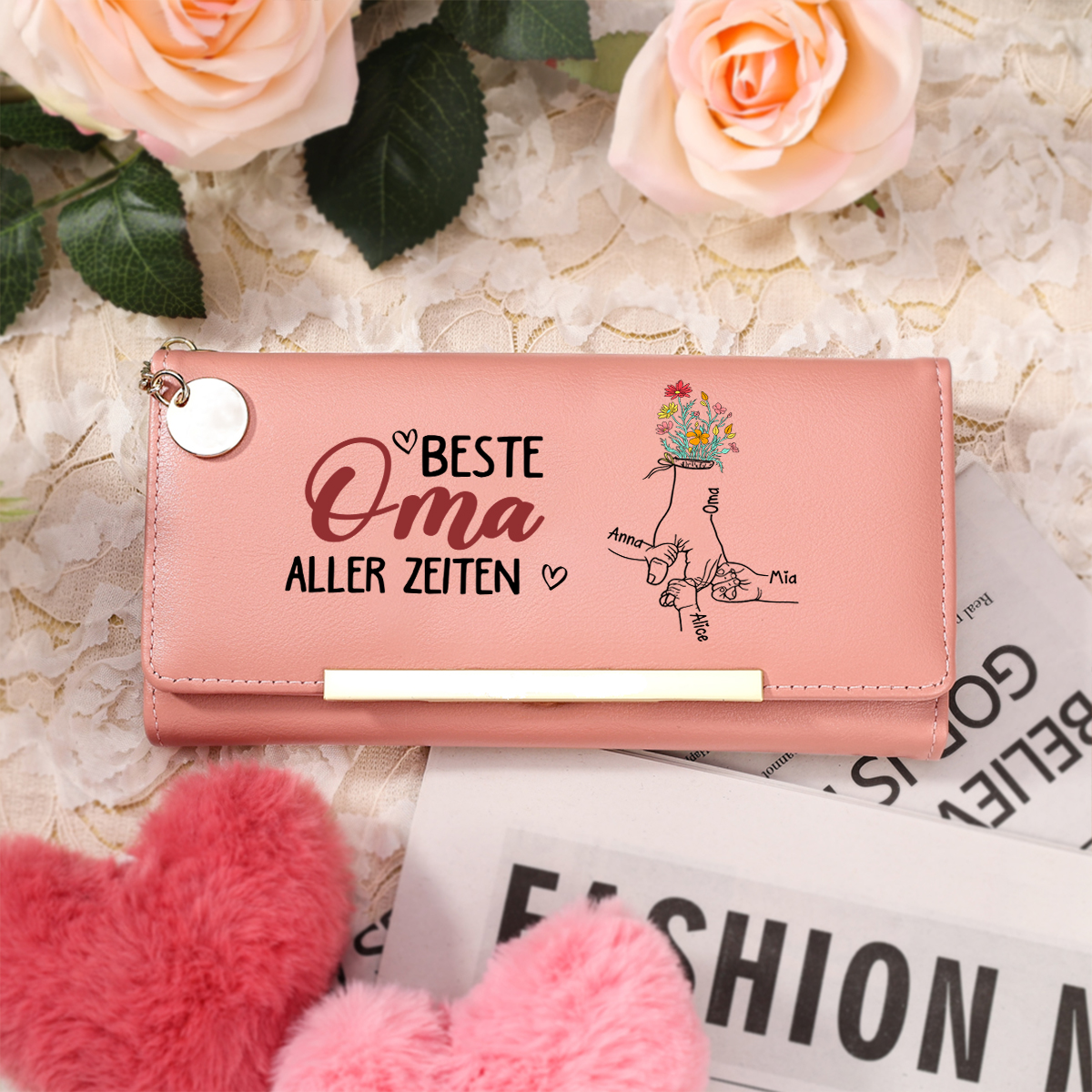Personalisierte Damen-Geldbörse mit floralem Hand-in-Hand-Motiv – Beste Mama/Oma aller Zeiten