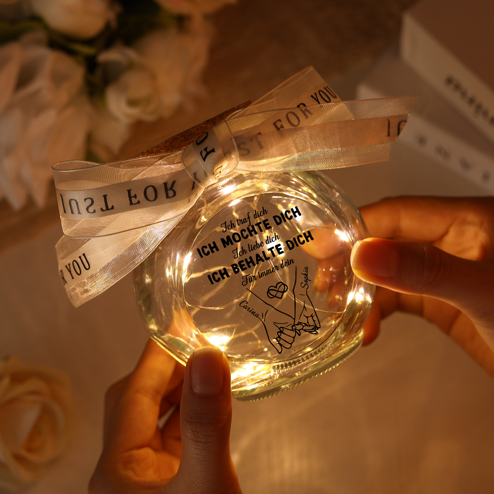 Personalisierte leuchtende Glasflasche, LED-Lichtglas mit Schleifenband