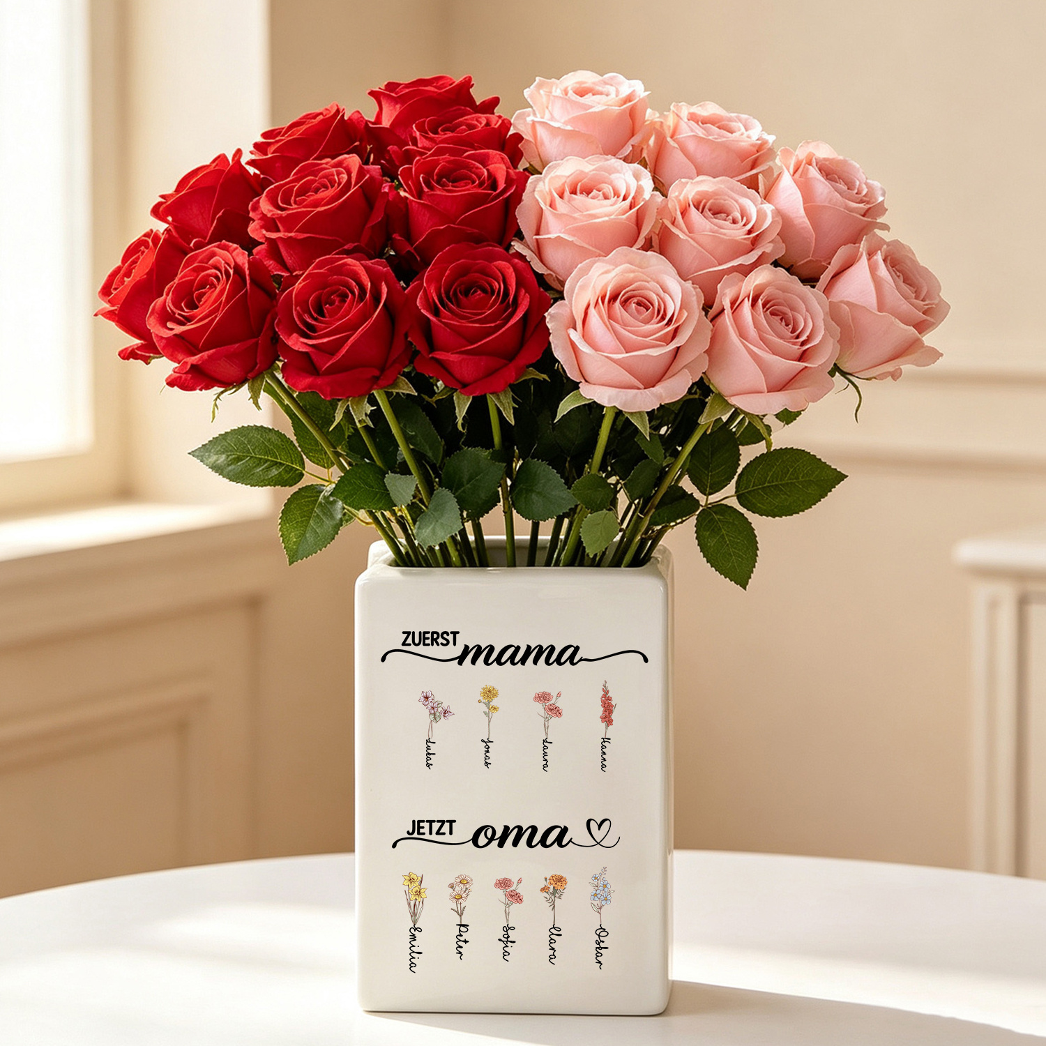 Personalisierte Keramikvase mit 2–12 Namen und Geburtsblumen Geschenk zum Muttertag für Oma