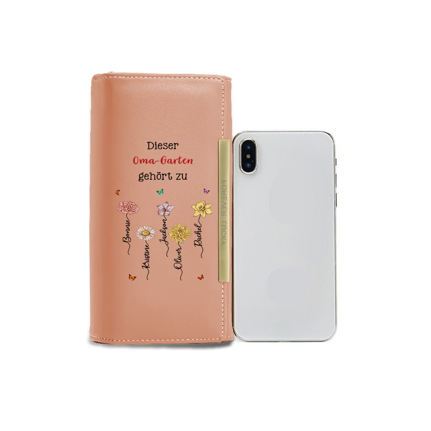 Personalisierte Damen-Lederbörse „Omas Garten“ mit Geburtsblumen