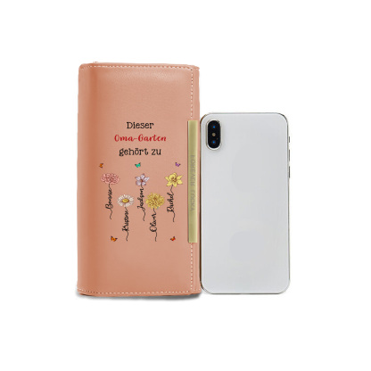 Personalisierte Damen-Lederbörse „Omas Garten“ mit Geburtsblumen