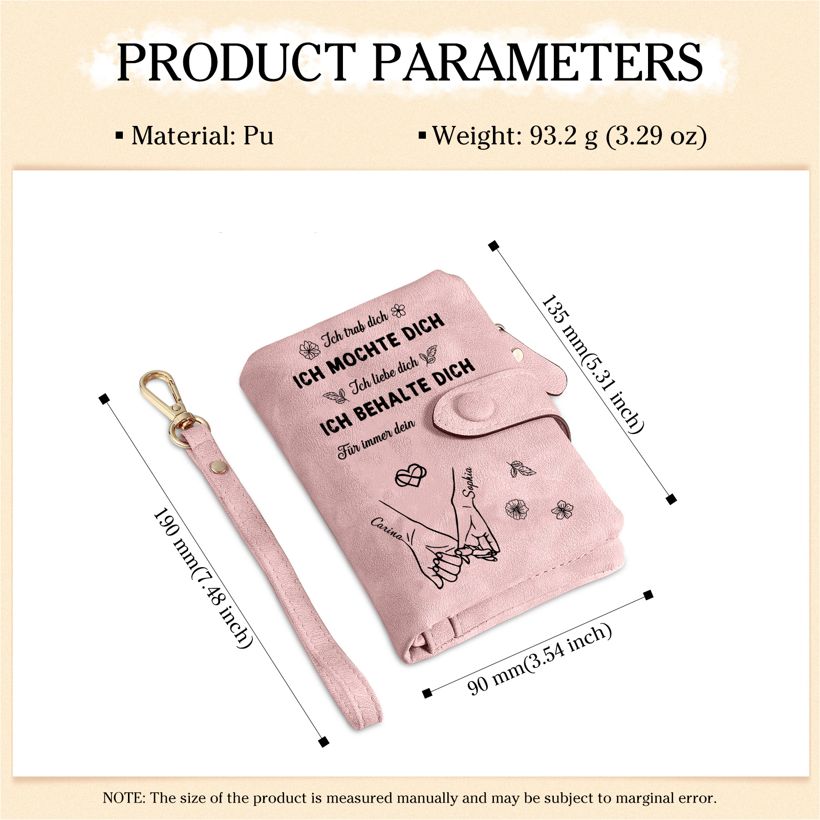 Personalisierte rosa Damen-Geldbörse mit Namen, Datum &  „ Ich liebe dich “