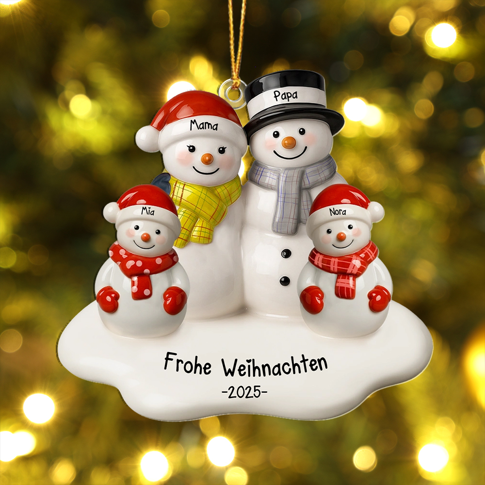 Personalisierter Weihnachtsbaumschmuck: Ein Schneemann für eine vierköpfige Familie, ein perfektes Geschenk für Ihre Lieben.