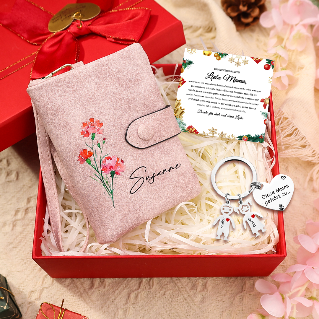 Damen Personalisierter Name & Geburtsblume PU Leder Geldbörse & 2 Namen Schlüsselanhänger Geschenkbox Set für Mama Mutter