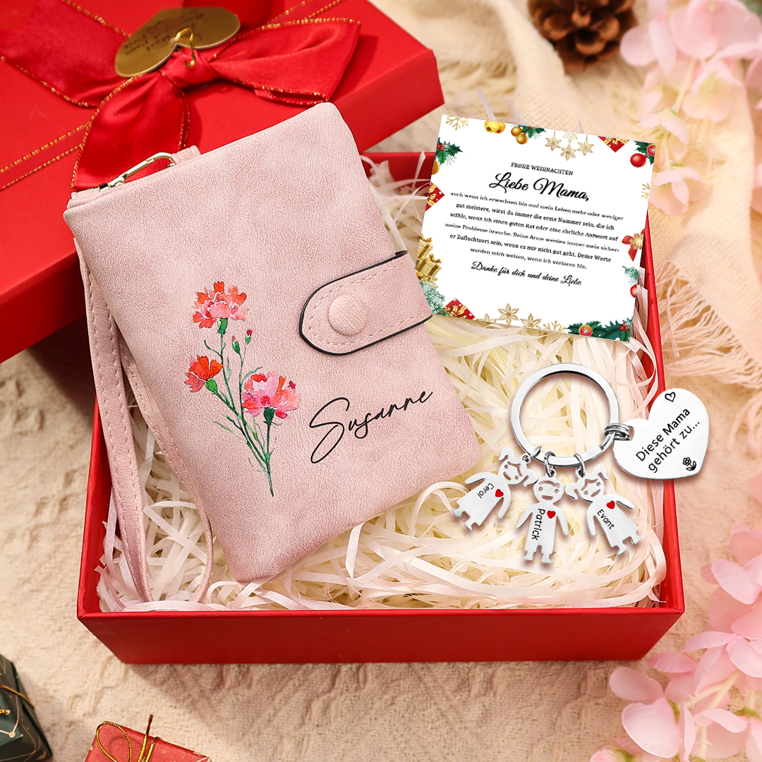 Damen Personalisierter Name & Geburtsblume PU Leder Geldbörse & 3 Namen Schlüsselanhänger Geschenkbox Set für Mama Mutter