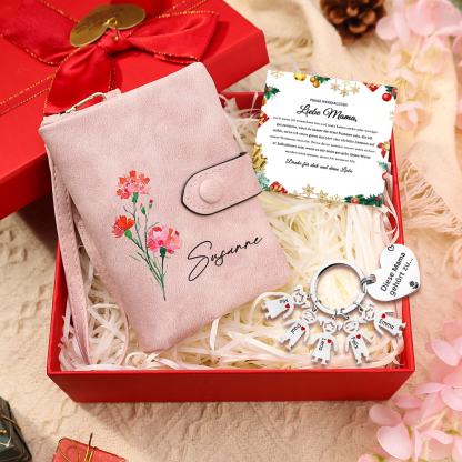 Damen Personalisierter Name & Geburtsblume PU Leder Geldbörse & 5 Namen Schlüsselanhänger Geschenkbox Set für Mama Mutter