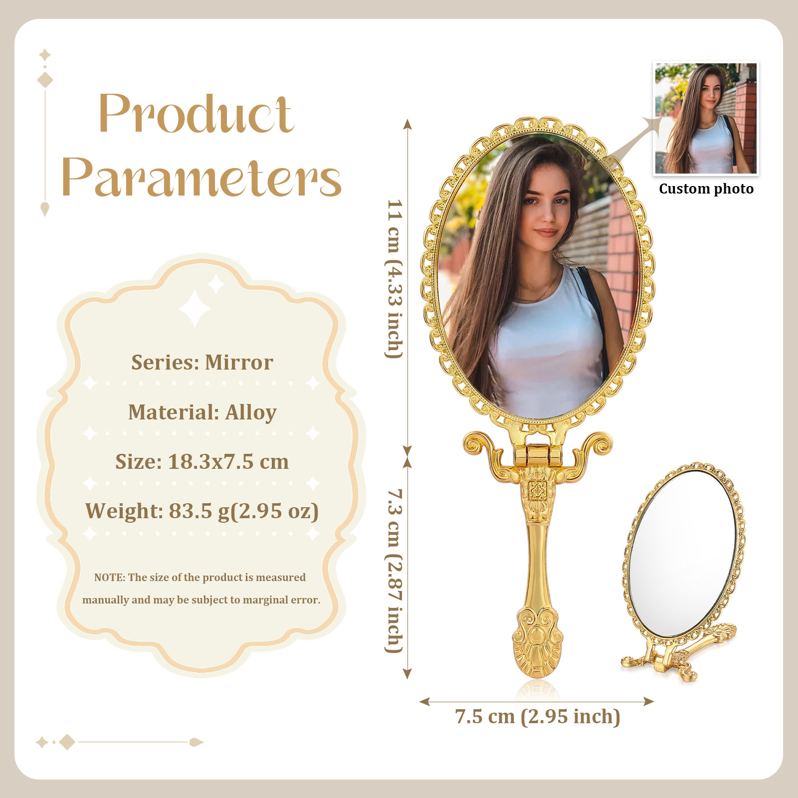 Personalisiertes Foto Goldener Kosmetikspiegel mit 180° Faltfunktion