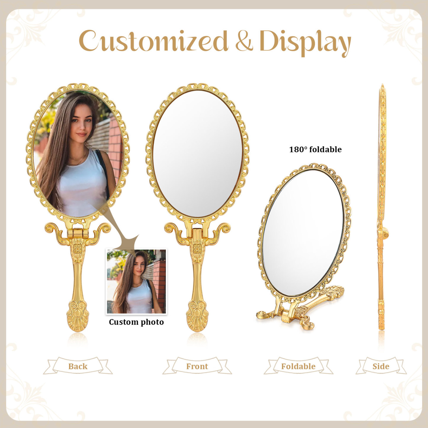 Personalisiertes Foto Goldener Kosmetikspiegel mit 180° Faltfunktion