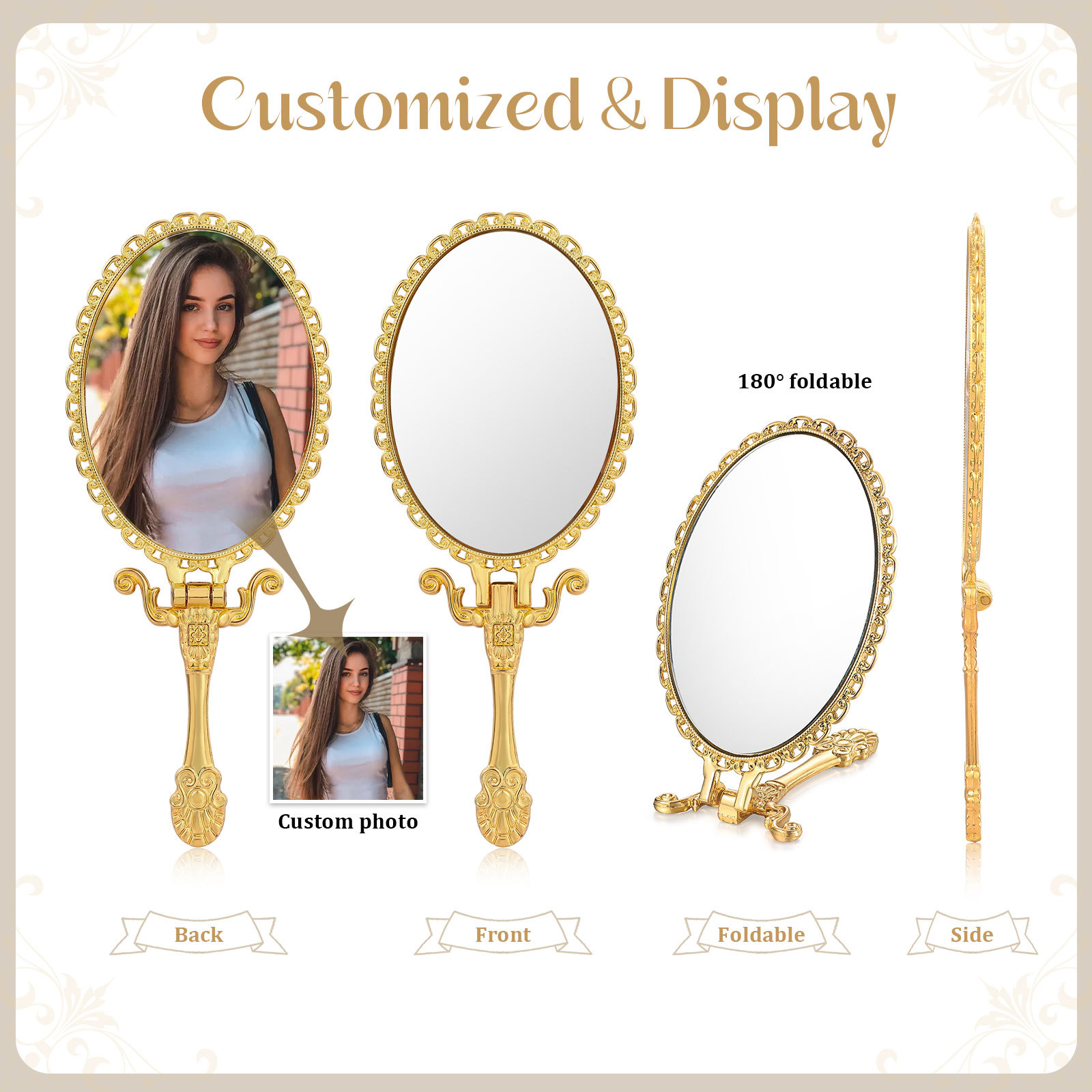 Personalisiertes Foto Goldener Kosmetikspiegel mit 180° Faltfunktion