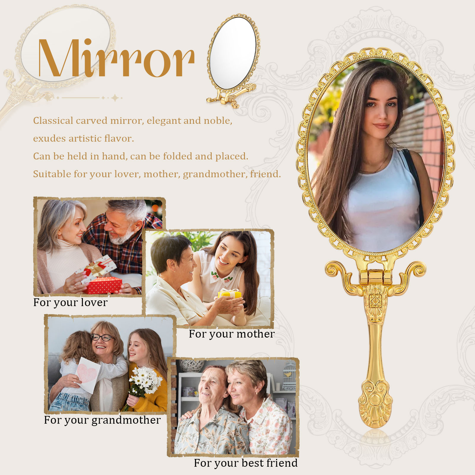 Personalisiertes Foto Goldener Kosmetikspiegel mit 180° Faltfunktion