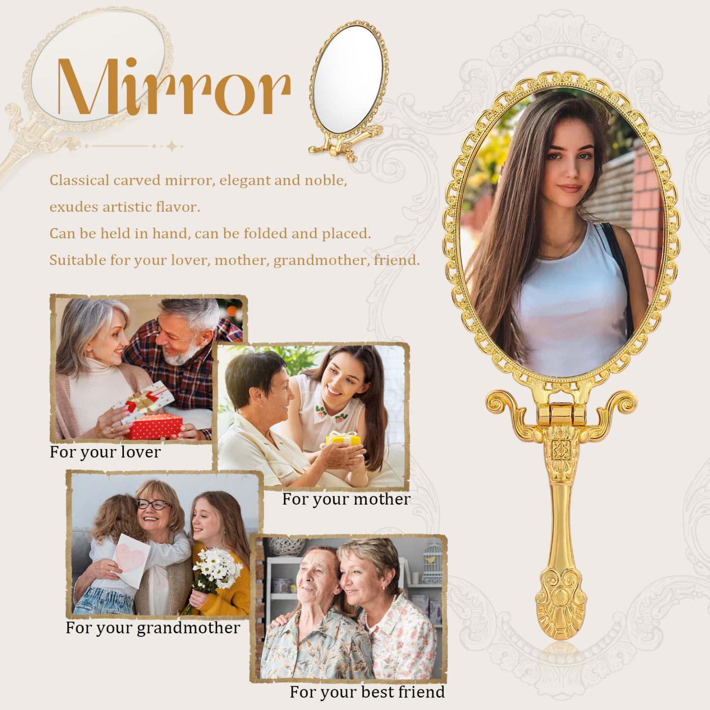 Personalisiertes Foto Goldener Kosmetikspiegel mit 180° Faltfunktion