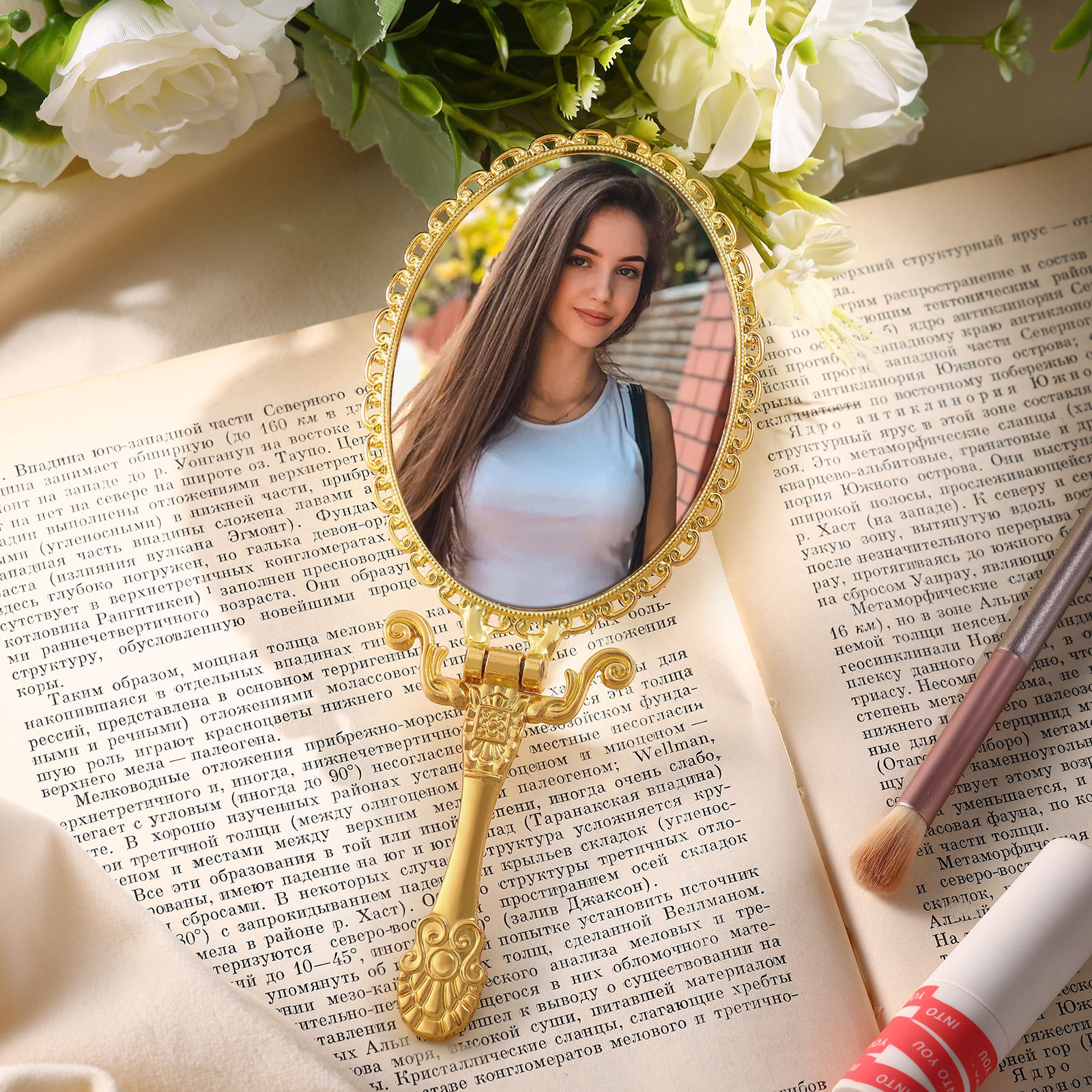Personalisiertes Foto Goldener Kosmetikspiegel mit 180° Faltfunktion
