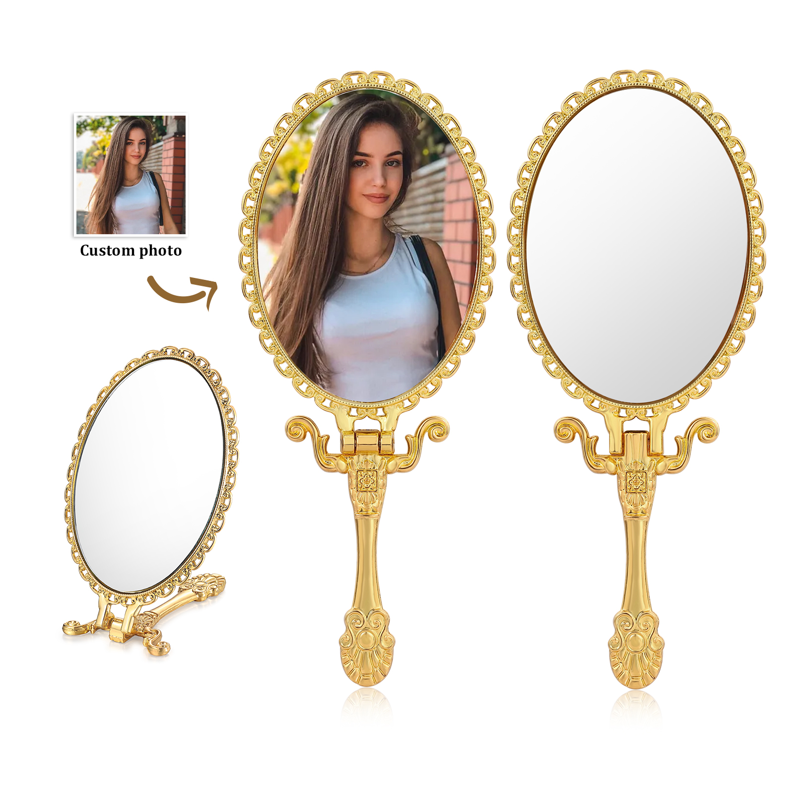 Personalisiertes Foto Goldener Kosmetikspiegel mit 180° Faltfunktion