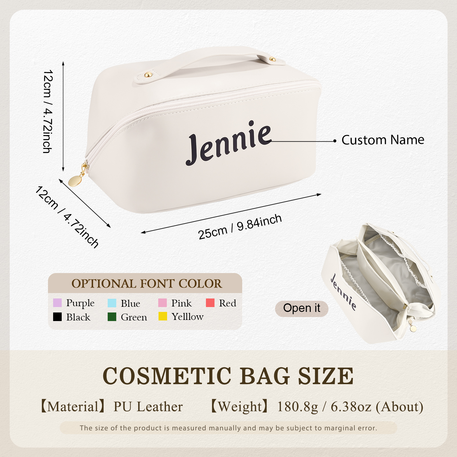 Personalisierter 1 Name PU-Leder-Kosmetiktasche – Individuelle Schminktasche in Weiß/ Rosa/ Lotusrosa Farben