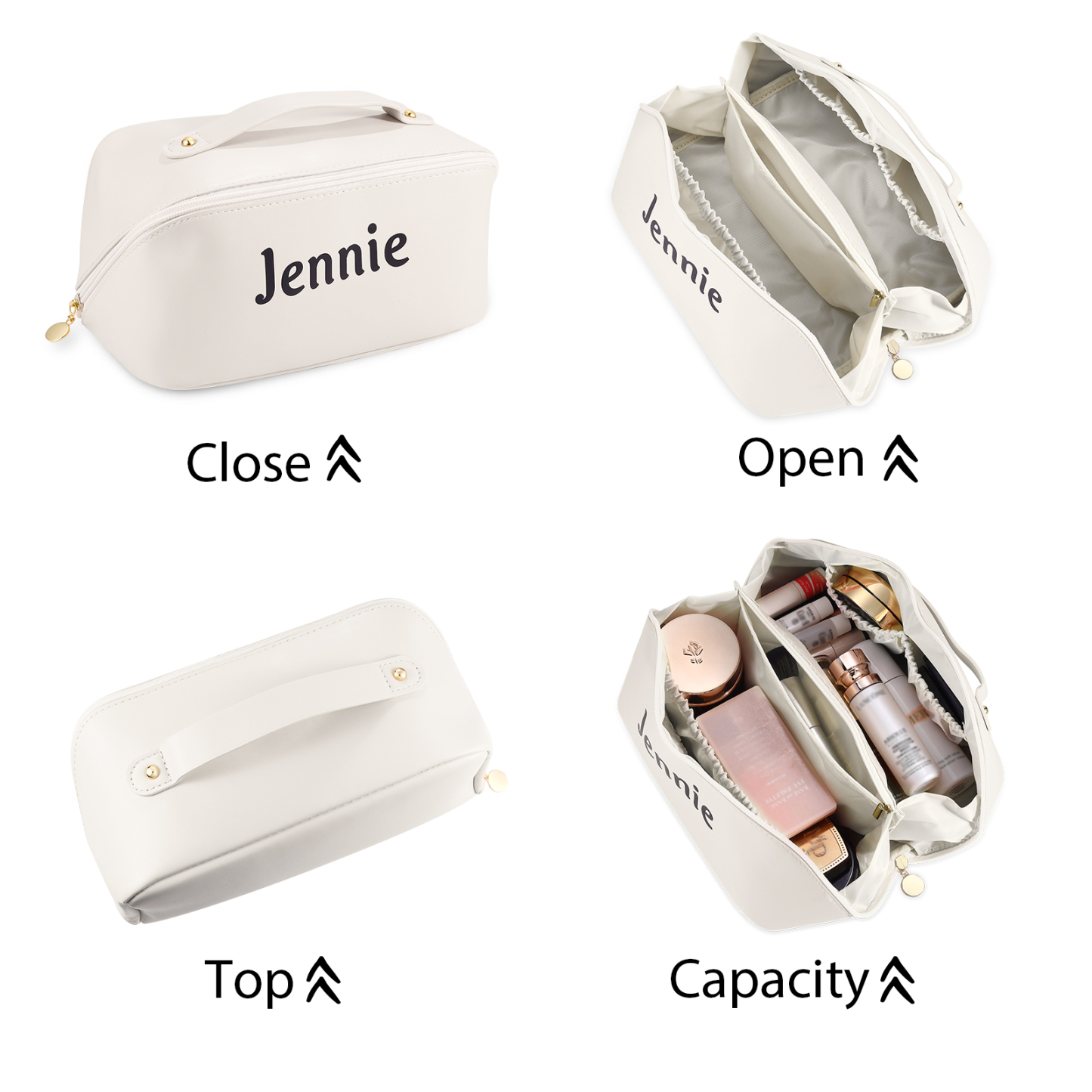 Personalisierter 1 Name PU-Leder-Kosmetiktasche – Individuelle Schminktasche in Weiß/ Rosa/ Lotusrosa Farben