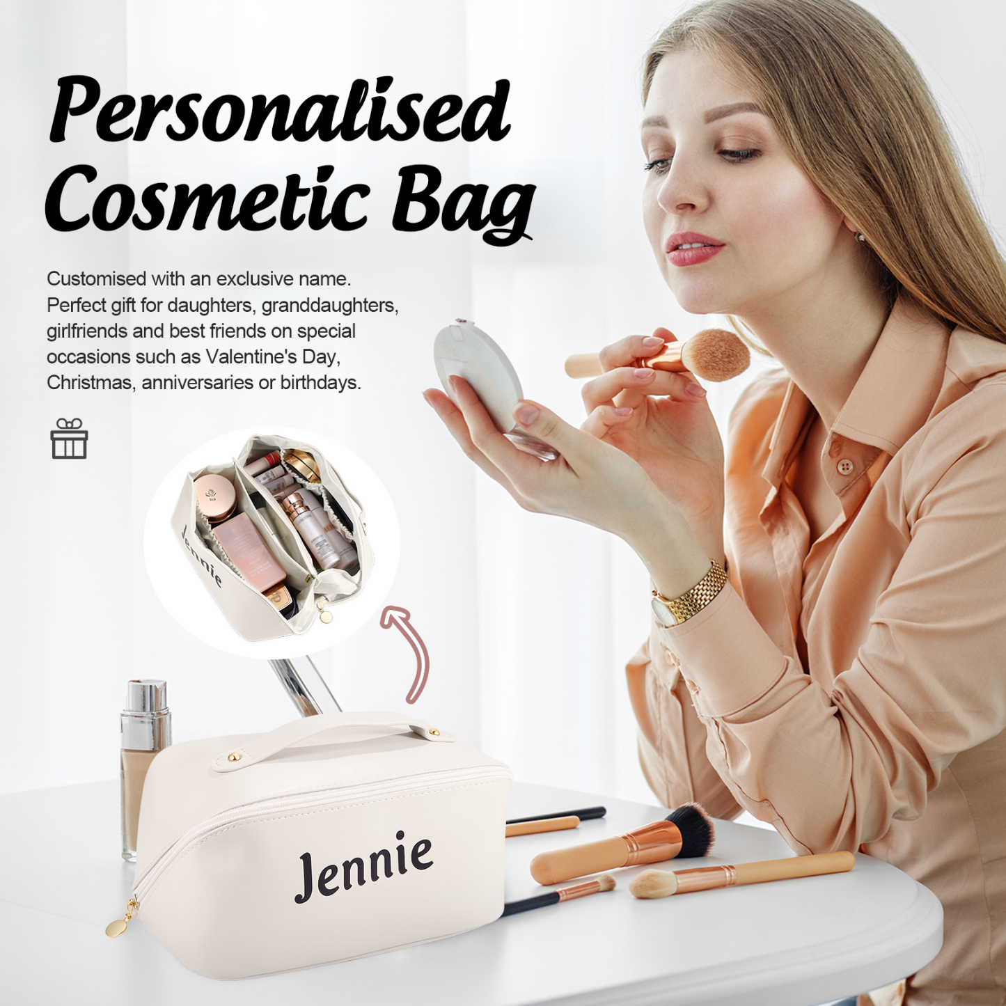 Personalisierter 1 Name PU-Leder-Kosmetiktasche – Individuelle Schminktasche in Weiß/ Rosa/ Lotusrosa Farben